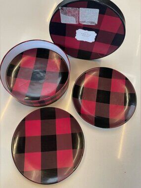 Pottery Barn Buffalo Check Red & Black Plaid 9" Stoneware Salad Plates — Set of